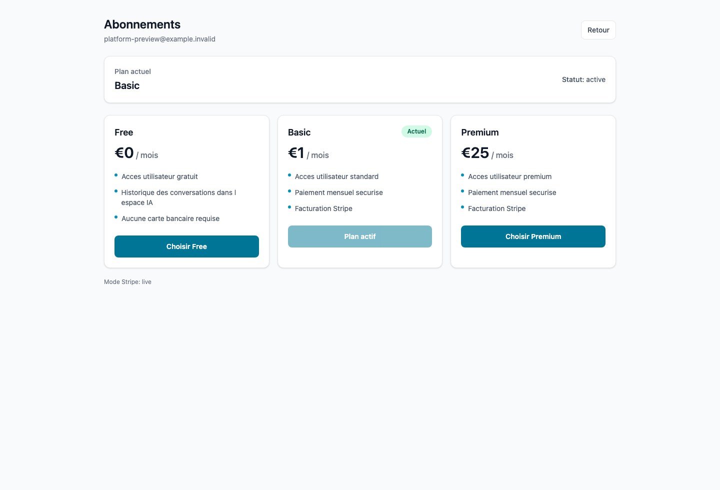 Page abonnements avec les plans Free, Basic et Premium