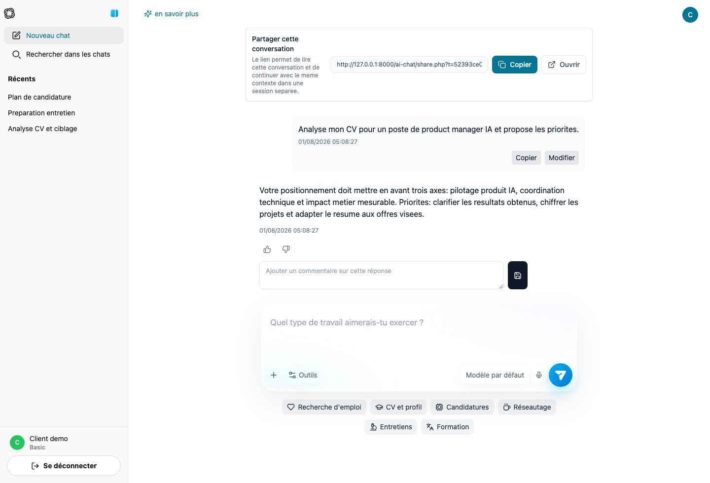 Conversation IA avec lien de partage, réponse et feedback