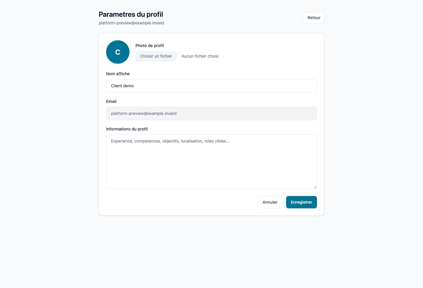 Page paramètres du profil utilisateur